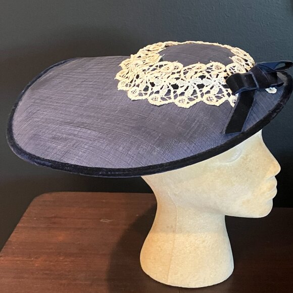 Vintage Navy Blue Handmade Asymmetric Fascinator Hat with Lace & Velvet Accents main image 7